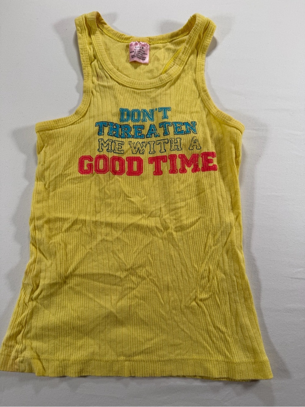 Yellow Ribbed Tank Top with 'Don't Threaten Me With A Good Time' Graphic